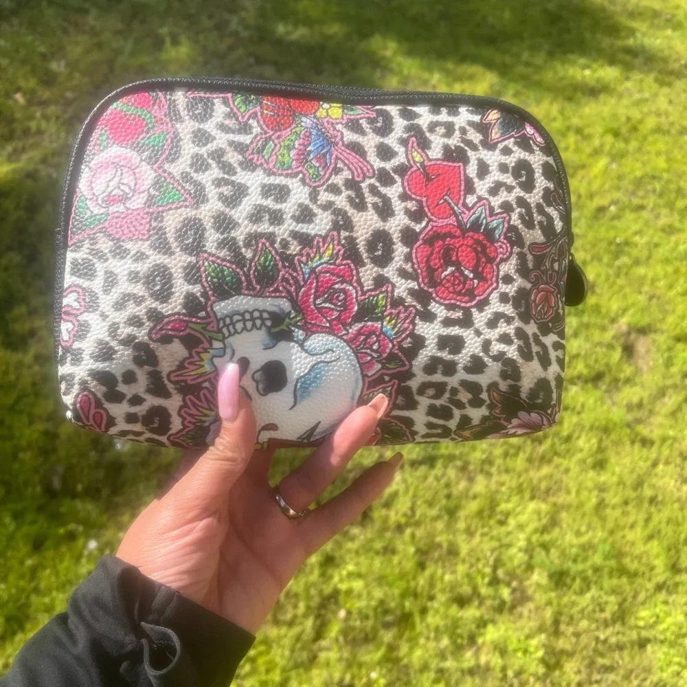 Ed Hardy Black Floral Heart Cosmetic Pouch with Pink & Red Accents